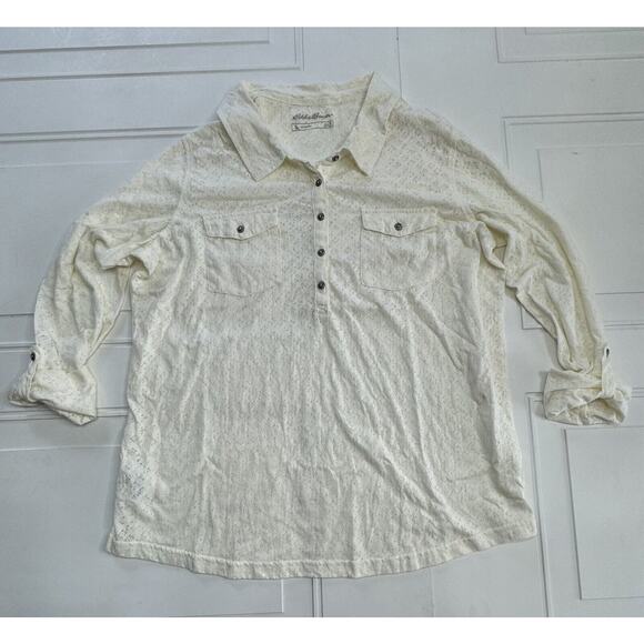 Eddie Bauer Tops - Eddie Bauer Outdoor Cream 1/4 Button Down Size XL Semi Sheer Pattern
